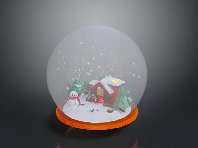 Winter Snow Globe Scene With Small House Snowman Christmas Trees And Orange Base 3d model