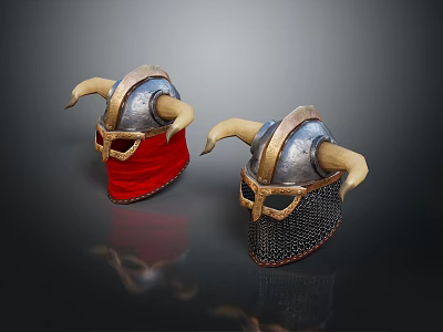 Two Viking Warrior Helmets With Horns Red Cloth Chainmail And Metallic Design 3d model