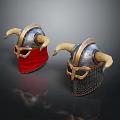 Two Viking Warrior Helmets With Horns Red Cloth Chainmail And Metallic Design