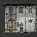 Cartoon Scene Featuring Classical Style Building With Arched Doorway Blue Roof Windows And Pink Sign