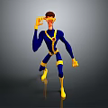 Animated Game Movie Character In Blue Yellow Suit With Brown Hair Kneeling And Observing
