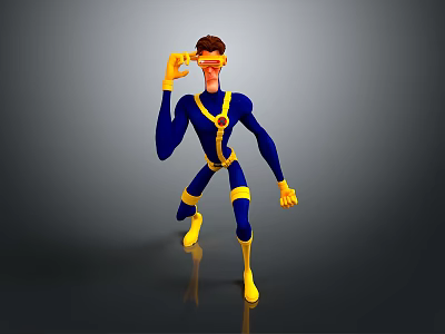 Animated Game Movie Character In Blue Yellow Suit With Brown Hair Kneeling And Observing 3d model