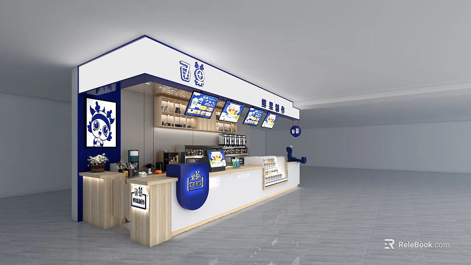 Modern Milk Tea Shop Interior With Blue And White Counter Menu Screens And Brand Logo 3d model 