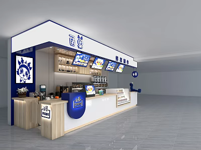 Modern Milk Tea Shop Interior With Blue And White Counter Menu Screens And Brand Logo 3d model