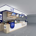 Modern Milk Tea Shop Interior With Blue And White Counter Menu Screens And Brand Logo