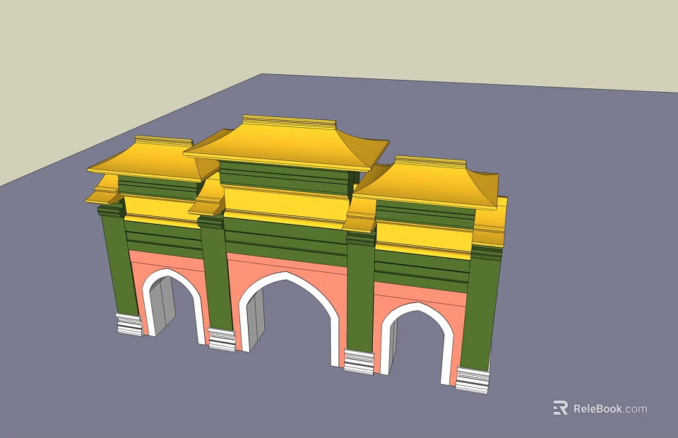 Traditional Chinese Entrance Gate With Yellow Roof Green Decorations Red Walls And Arched Doorways 3d model 