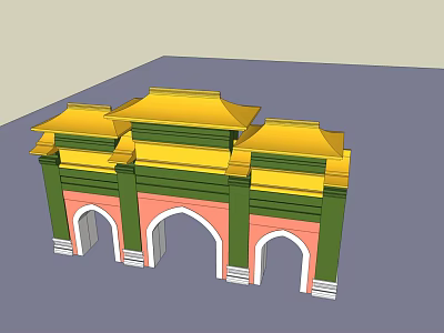 Traditional Chinese Entrance Gate With Yellow Roof Green Decorations Red Walls And Arched Doorways 3d model