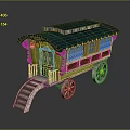 Vintage Carriage House With Green Roof Yellow Brown Body And White Spoked Wheels