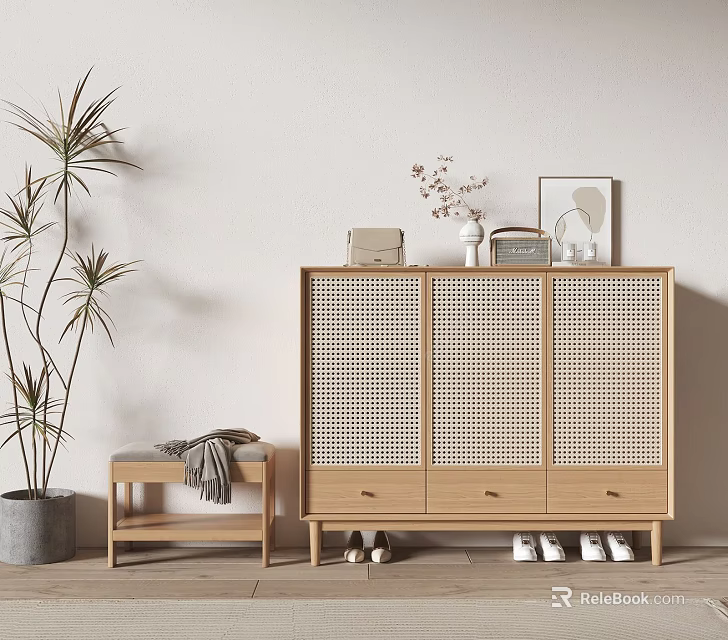 Minimalist Natural Wooden Shoe Cabinet With Woven Doors Drawers And Bench Near Shoes Plant 3d model 