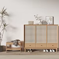 Minimalist Natural Wooden Shoe Cabinet With Woven Doors Drawers And Bench Near Shoes Plant