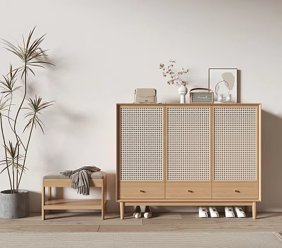 Minimalist Natural Wooden Shoe Cabinet With Woven Doors Drawers And Bench Near Shoes Plant 3d model