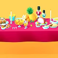 Red Tablecloth Dining Table With Assorted Foods Fruits Drinks And Candles