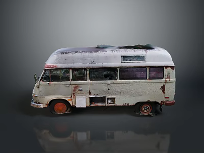 Aged White Vintage Van With Rusty Body Worn Exterior And Orange Wheels 3d model