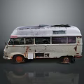 Aged White Vintage Van With Rusty Body Worn Exterior And Orange Wheels