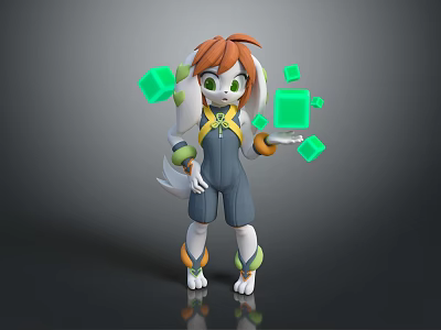 Game Movie Character Orange Haired Green Eyed In Blue Gray Overalls With Floating Green Cubes 3d model