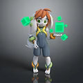 Game Movie Character Orange Haired Green Eyed In Blue Gray Overalls With Floating Green Cubes
