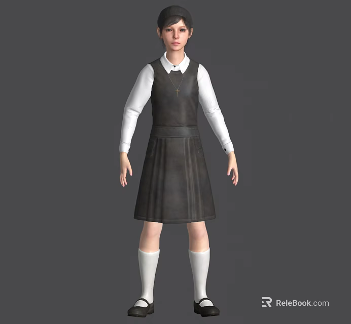 Game Movie Character Design With White Shirt Dark Pinafore Dress And White Stockings 3d model 