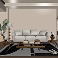 Spacious Beige Sectional Sofa With White Pillows Coffee Table Floor Lamp And Green Plant