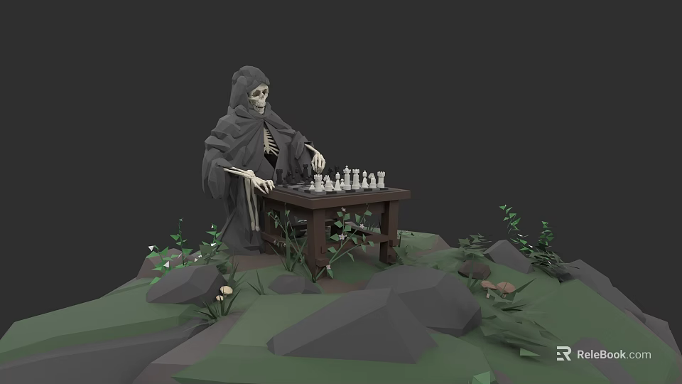 Building Blocks Skeleton in Cloak Playing Chess at Wooden Table with Rocks Plants Mushrooms 3d model 