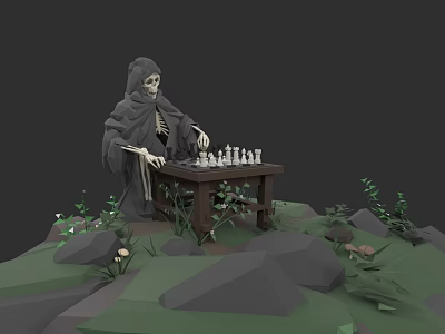 Building Blocks Skeleton in Cloak Playing Chess at Wooden Table with Rocks Plants Mushrooms 3d model