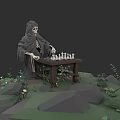 Building Blocks Skeleton in Cloak Playing Chess at Wooden Table with Rocks Plants Mushrooms