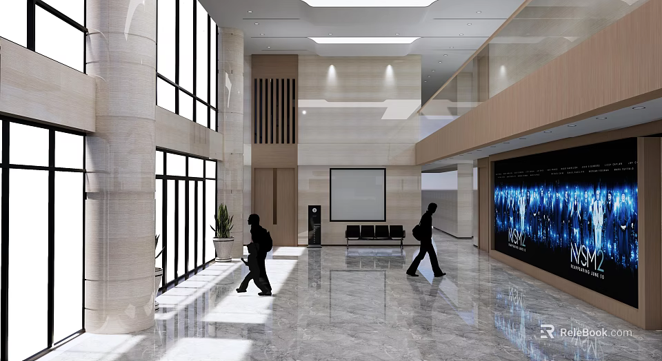 Modern Lobby Front Desk Reception With Floor to Ceiling Windows Marble Flooring And People Walking 3d model 