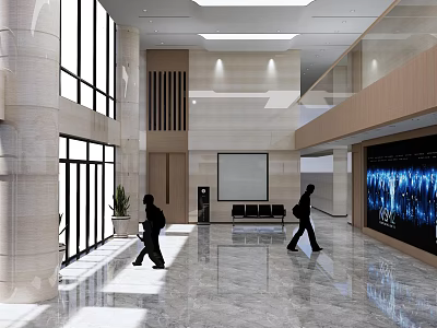 Modern Lobby Front Desk Reception With Floor to Ceiling Windows Marble Flooring And People Walking 3d model