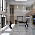 Modern Lobby Front Desk Reception With Floor to Ceiling Windows Marble Flooring And People Walking