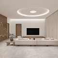 Modern Living Dining Room With Circular Ceiling Light Light-Colored Sofa Coffee Table And TV Wall
