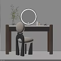 Modern Dressing Table with Round Mirror Wooden Legs White Top Green Plant and Skincare Products