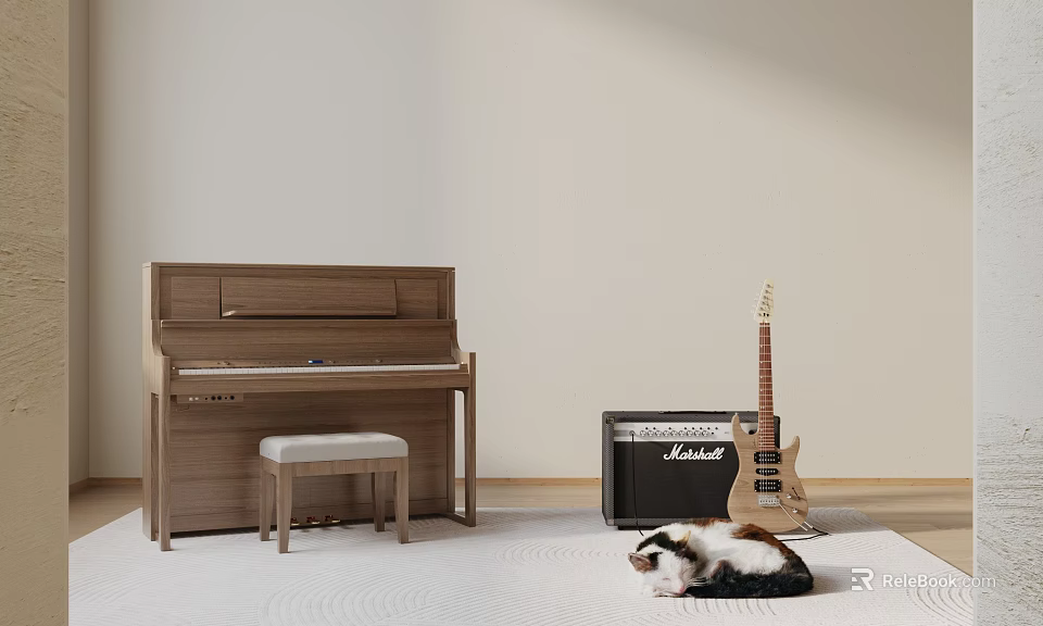 Wooden Acoustic Piano Electric Guitar And Marshall Amplifier In Cozy Room With Cat 3d model 