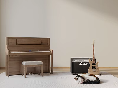 Wooden Acoustic Piano Electric Guitar And Marshall Amplifier In Cozy Room With Cat 3d model
