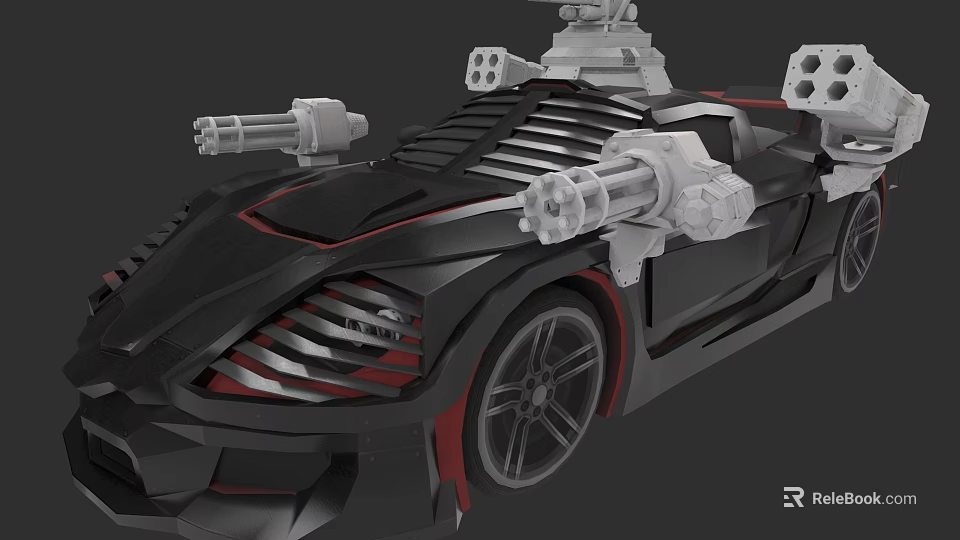Futuristic Black And Red Tank With Multiple Cannons And Mechanical Design 3d model 