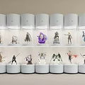 Neatly Arranged Transparent Display Jars With White Bases And Lids Holding Figure Sculptures