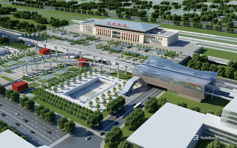 Aerial Planning Of Transportation Hub With Main Building Square Greenery And Road Network 3d model 