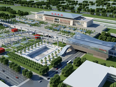 Aerial Planning Of Transportation Hub With Main Building Square Greenery And Road Network 3d model
