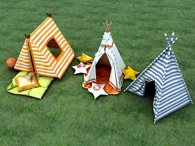 Colorful Outdoor Tents With Star Pillows Ball And Mat On Green Grass 3d model