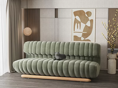 Green Ribbed Sectional Sofa with Wooden Base Cat Resting in Modern Living Room 3d model