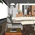 Modern Living and Dining Room with Curved Sofa Armchair Patterned Rug Large Window and Dining Chairs