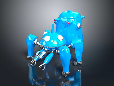 Blue Spider Shaped Robot Featuring Mechanical Legs Red Lights And Shiny Metallic Design 3d model