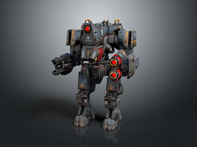 Futuristic Sci-Fi Mech Warrior With Gray Armor Red Sensors And Weaponized Arms 3d model