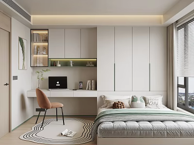 Modern Tatami Bedroom Interior Design With Desk Chair Cabinets And Window Blinds 3d model