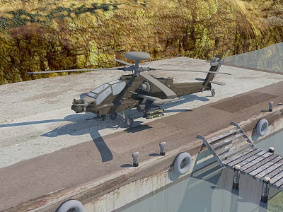 Olive Green Military Helicopter on Concrete Platform in Rocky Terrain with Metal Ramp and Buoys 3d model