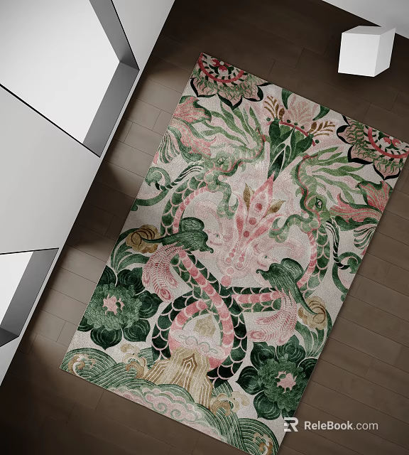 Decorative Square Carpet With Green Pink Floral Patterns For Living Room Floor 3d model 