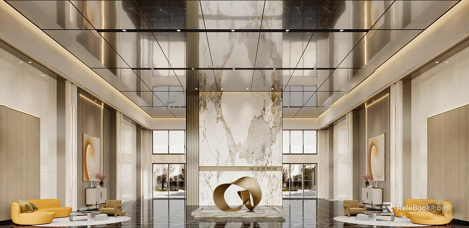Modern Hotel Lobby Interior With Marble Feature Wall Central Sculpture And Large Windows 3d model 