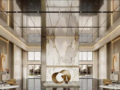 Modern Hotel Lobby Interior With Marble Feature Wall Central Sculpture And Large Windows 3d model