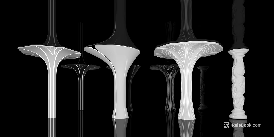 Unique Design Pillars With Streamlined Curves And Flower Like Canopies In Black White Color Scheme 3d model 