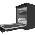 Modern Black Kitchen Dishwasher Appliance With Open Door And Dishes Inside