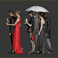 Group of People With Microphone White Umbrella Standing In Formal Attire Against Gray Background