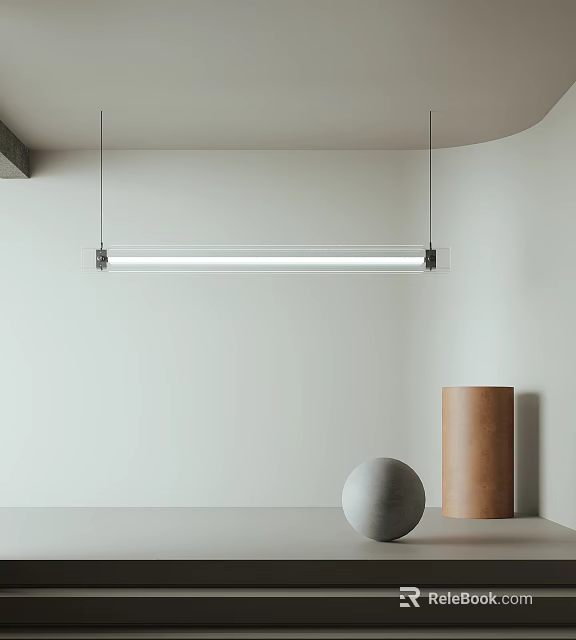 Modern Linear Chandelier Hanging From Ceiling In Minimalist Room With Sculptural Decor Pieces 3d model 